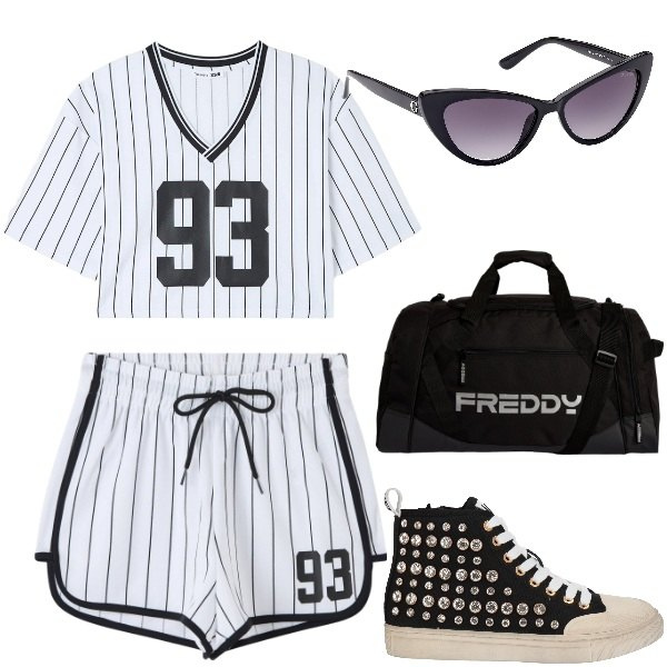 Outfit donna - A tutto sport. Stile Sporty chic per Sport. Abbinamento con sneakers alte, pantaloncini sportivi, t-shirt, borse sportive, occhiali da sole.