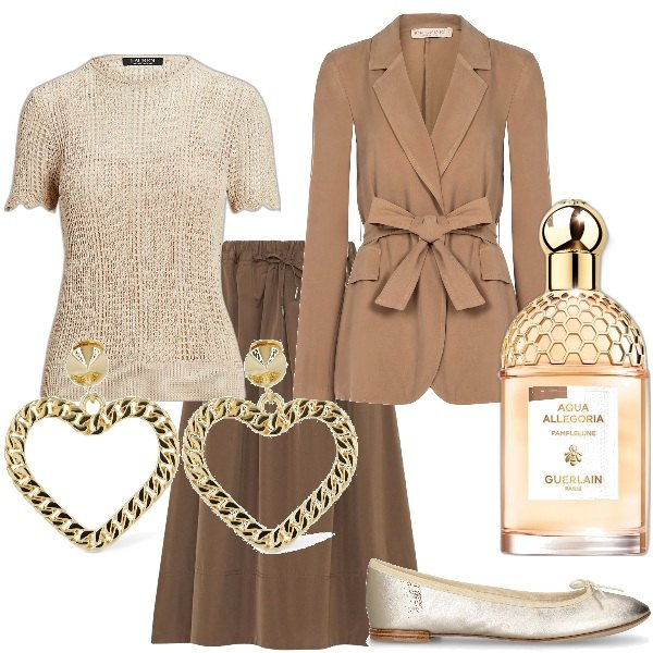 Outfit donna - Total look #1843375. Stile Casual chic per Tutti i giorni. Abbinamento con profumi, blazer, maglieria, gonne lunghe, ballerine, orecchini.