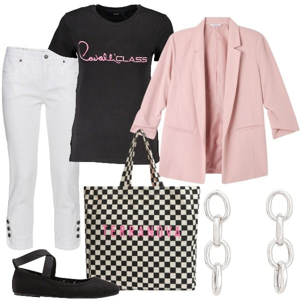 Outfit donna - Total look #1843379. Stile Glamour per Tutti i giorni. Abbinamento con ballerine, jeans slim fit, blazer, shopping bag, orecchini, t-shirt.