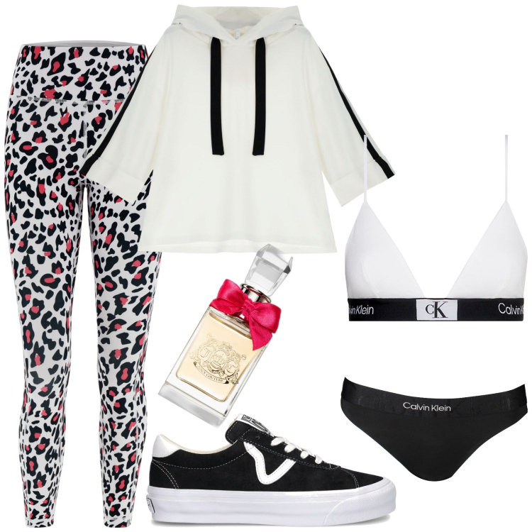 Outfit donna - Giornate in libertà. Stile Basic per Sport. Abbinamento con profumi, felpe con cappuccio, leggings sportivo, reggiseni, culotte, scarpe sportive.