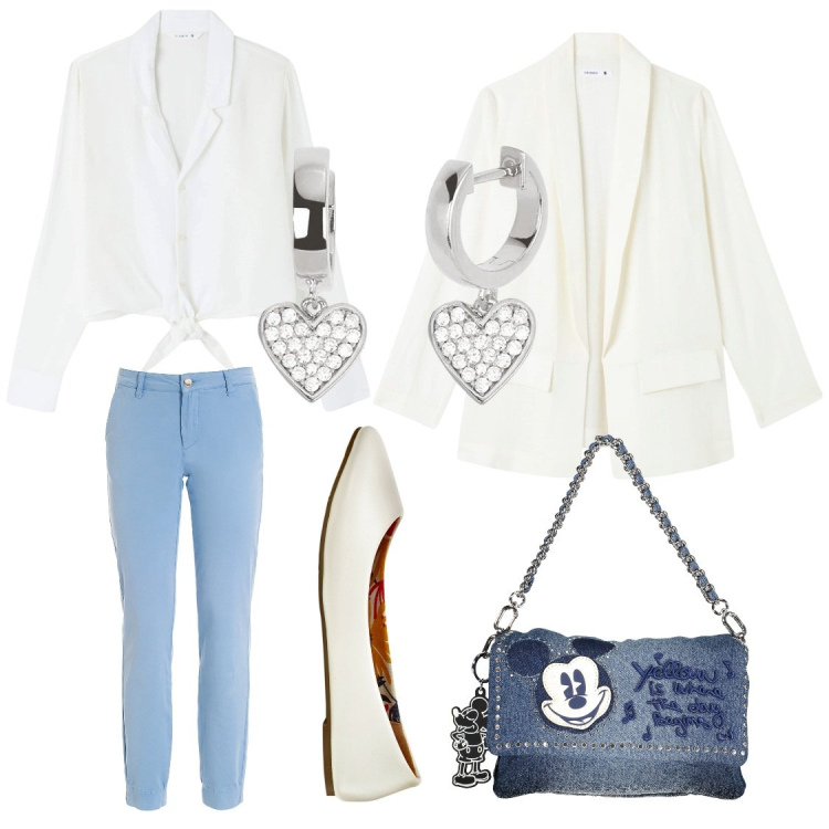 Outfit donna - Le ballerine per la primavera. Stile Casual chic per Tutti i giorni. Abbinamento con ballerine, camicie, blazer, orecchini, pantaloni, borse a spalla.