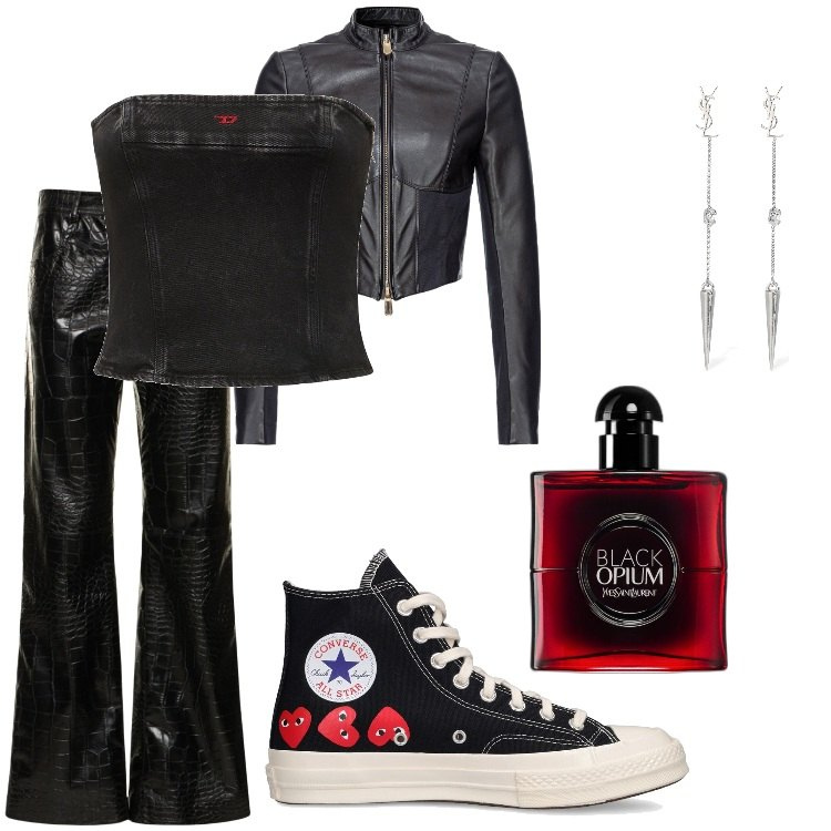 Outfit donna - Team Ferrari. Stile Rock per Serata fuori. Abbinamento con profumi, giacche, sneakers, top, pantaloni, orecchini.