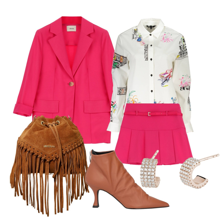 Outfit donna - Ghost outfitter - marzo. Stile Casual chic per Tutti i giorni. Abbinamento con stivaletti, orecchini, borse a secchiello, minigonne, blazer, camicie.