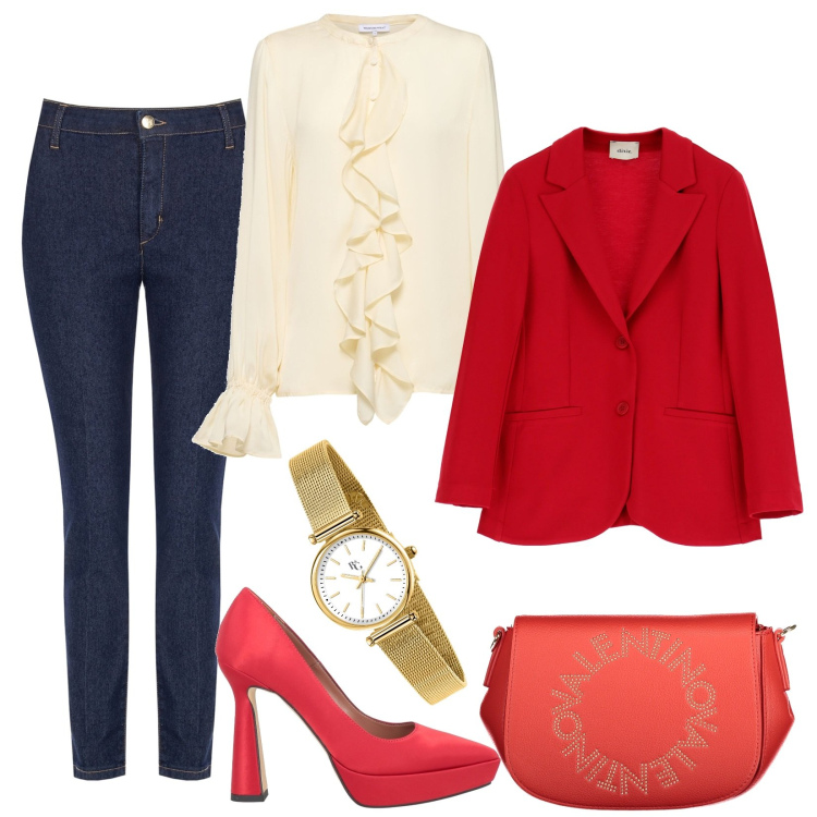 Outfit donna - Denim e seta per la sera. Stile Casual chic per Serata fuori. Abbinamento con décolleté, orologi, jeans skinny, blazer, camicie, borse a spalla.