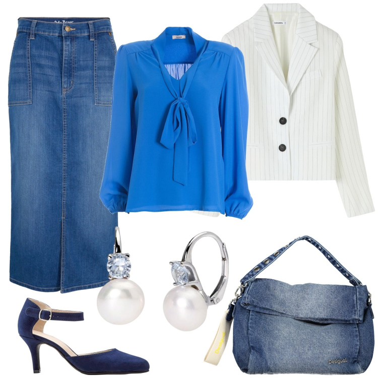 Outfit donna - Seta e denim per l\'ufficio. Stile Casual chic per Ufficio. Abbinamento con gonne, décolleté, blazer, orecchini, bluse, borse a spalla.