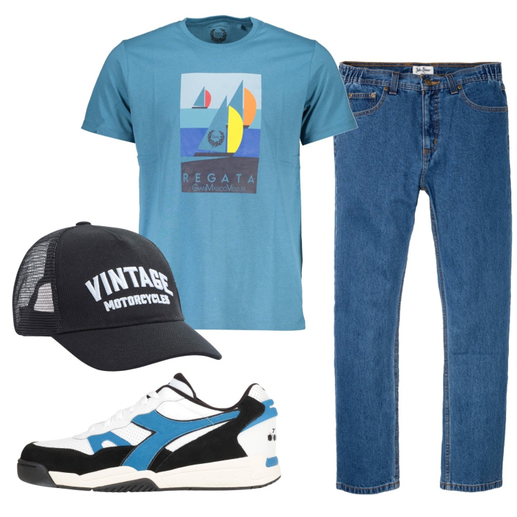Outfit uomo - Total look #1843421. Stile Casual per Tutti i giorni. Abbinamento con jeans dritti, sneakers, cappelli, t-shirt.