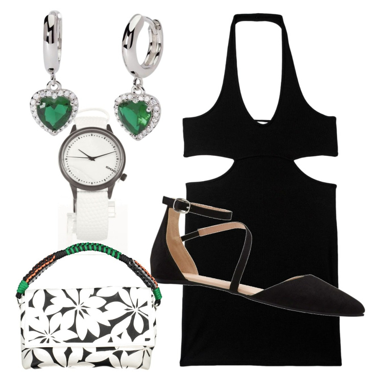 Outfit donna - Ballerine. Stile Chic per Serata fuori. Abbinamento con ballerine, orologi, vestiti corti, orecchini, borse a spalla.
