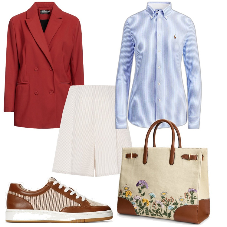 Outfit donna - Total look #1843446. Stile Casual chic per Tutti i giorni. Abbinamento con blazer, camicie, borse tote, sneakers, shorts.