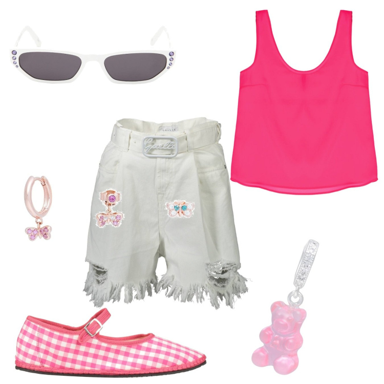 Outfit donna - Ballerine. Stile Trendy per Tutti i giorni. Abbinamento con ballerine, ciondoli, orecchini, canottiere, occhiali da sole, pantaloni.