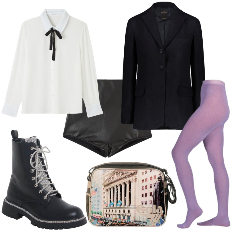 Outfit donna - Total look #1843454. Stile Sexy per Serata fuori. Abbinamento con shorts, anfibi, camicie, collant, borse a spalla, blazer.
