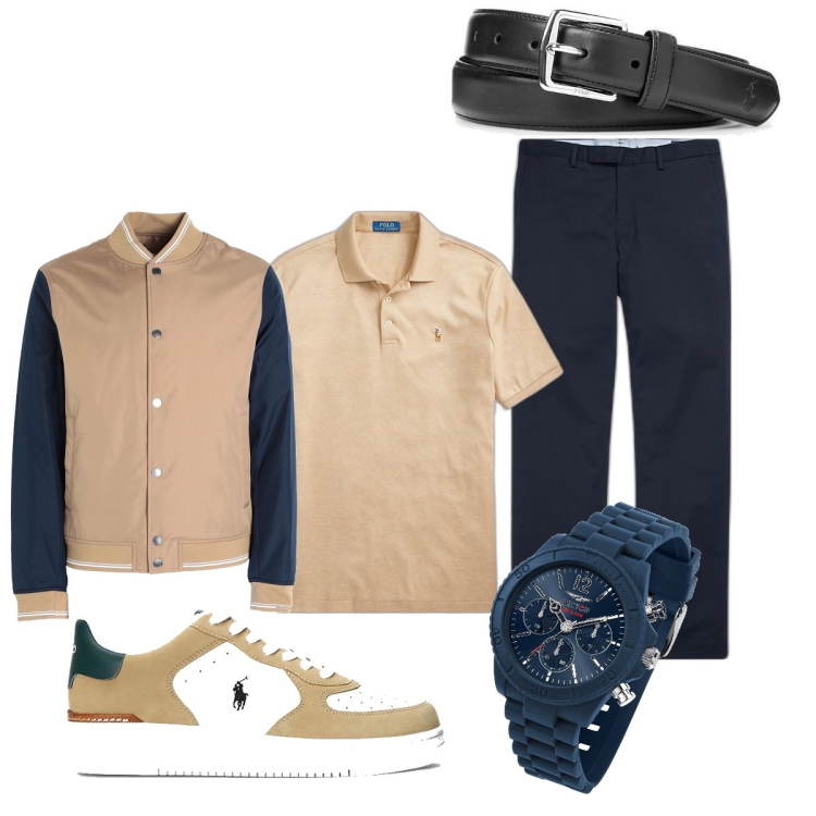 Outfit uomo - Combo beige e blu. Stile Trendy per Tutti i giorni. Abbinamento con orologi, giacche, cinture, polo, pantaloni chino, sneakers.