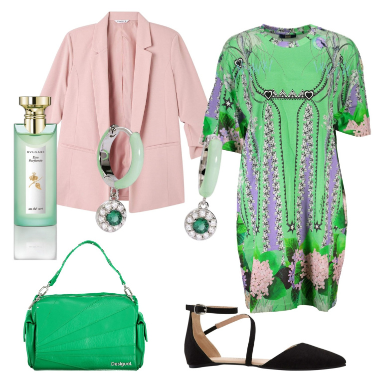 Outfit donna - Vivere a colori. Stile Casual chic per Ufficio. Abbinamento con ballerine, profumi, blazer, orecchini, vestiti corti, borse a spalla.