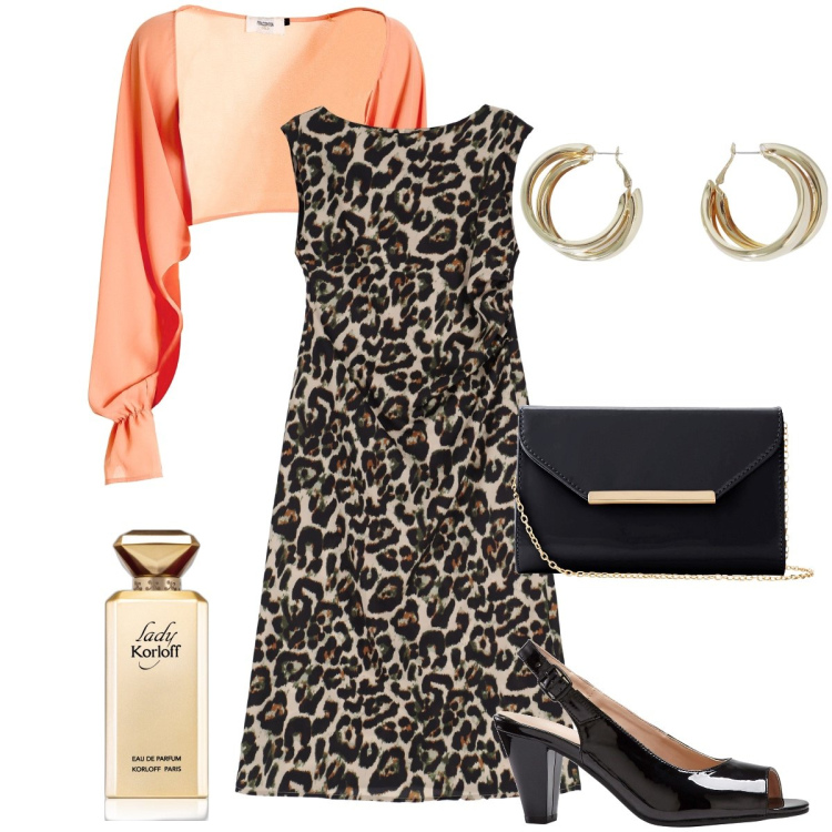 Outfit donna - Il bolero color pesca. Stile Bon Ton per Serata fuori. Abbinamento con décolleté, pochette, profumi, blazer, vestiti midi/longuette, orecchini.