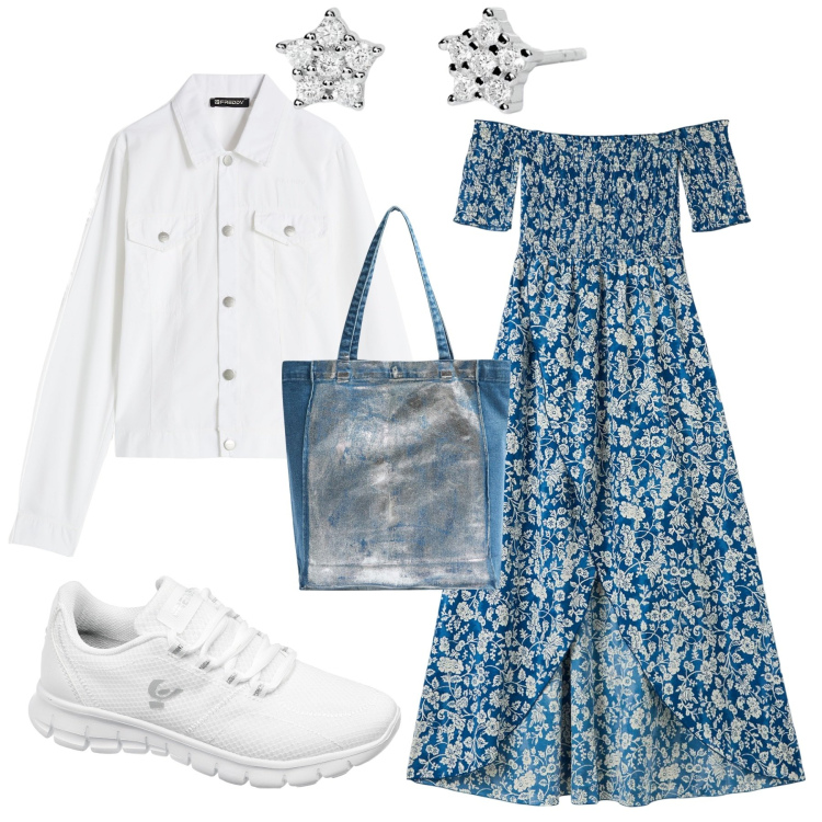 Outfit donna - Week end al mare. Stile Romantica per Mare. Abbinamento con vestiti lunghi, shopping bag, orecchini, sneakers, blazer.