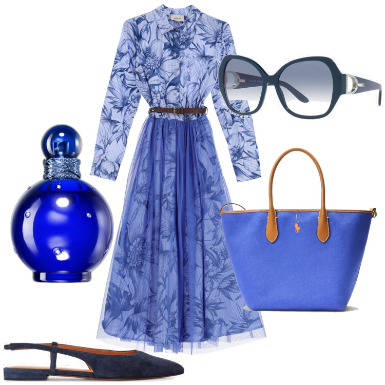 Outfit donna - Romantica in blu. Stile Romantica per Tutti i giorni. Abbinamento con profumi, vestiti midi/longuette, occhiali da sole, ballerine, borse tote.