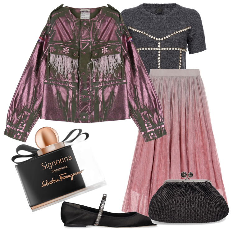 Outfit donna - Peach fuzz. Stile Casual chic per Serata fuori. Abbinamento con profumi, t-shirt, gonne lunghe, blazer, ballerine, pochette.