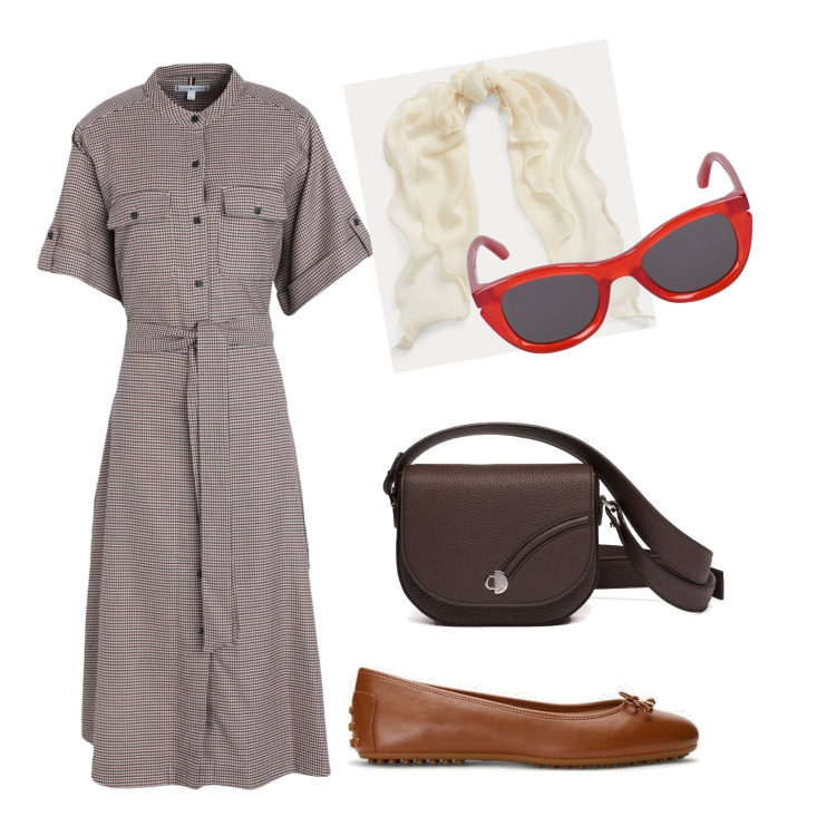 Outfit donna - A spasso. Stile Bon Ton per Tutti i giorni. Abbinamento con vestiti midi/longuette, foulard, ballerine, borse a tracolla, occhiali da sole.
