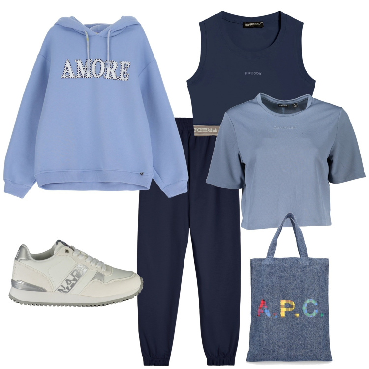 Outfit donna - Sporty chic palestra sport. Stile Sporty chic per Sport. Abbinamento con felpe con cappuccio, top sportivi, pantaloni sportivi, scarpe sportive, shopping bag, t-shirt sportive.