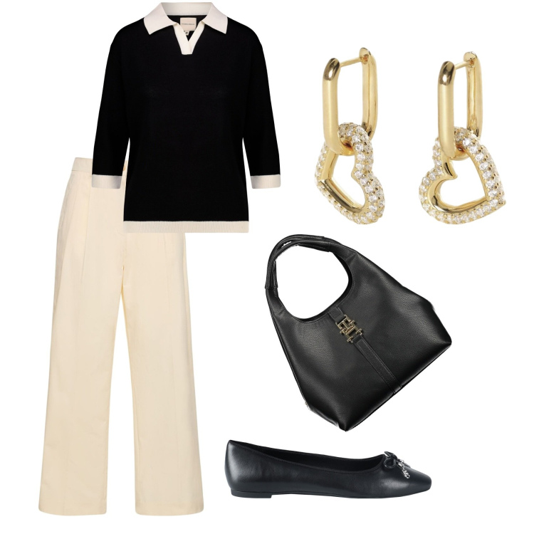 Outfit donna - Eleganza senza tempo. Stile Bon Ton per Ufficio. Abbinamento con ballerine, orecchini, pantaloni chino, borse a tracolla, polo.