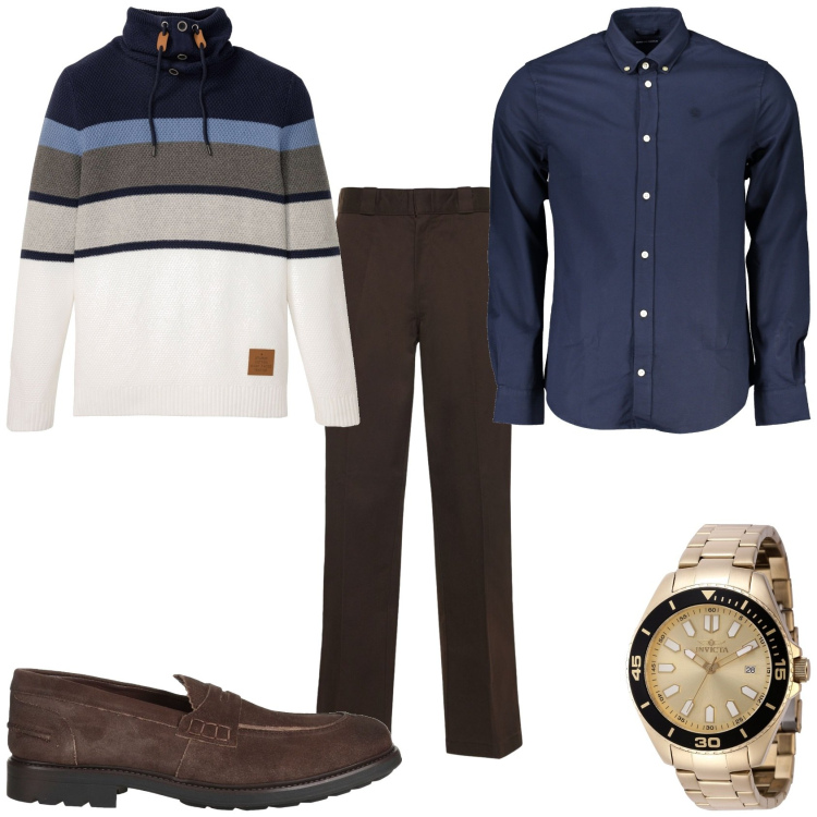 Outfit uomo - La serata fuori casa. Stile Casual per Tutti i giorni. Abbinamento con maglieria, scarpe stringate, orologi, pantaloni, camicie.
