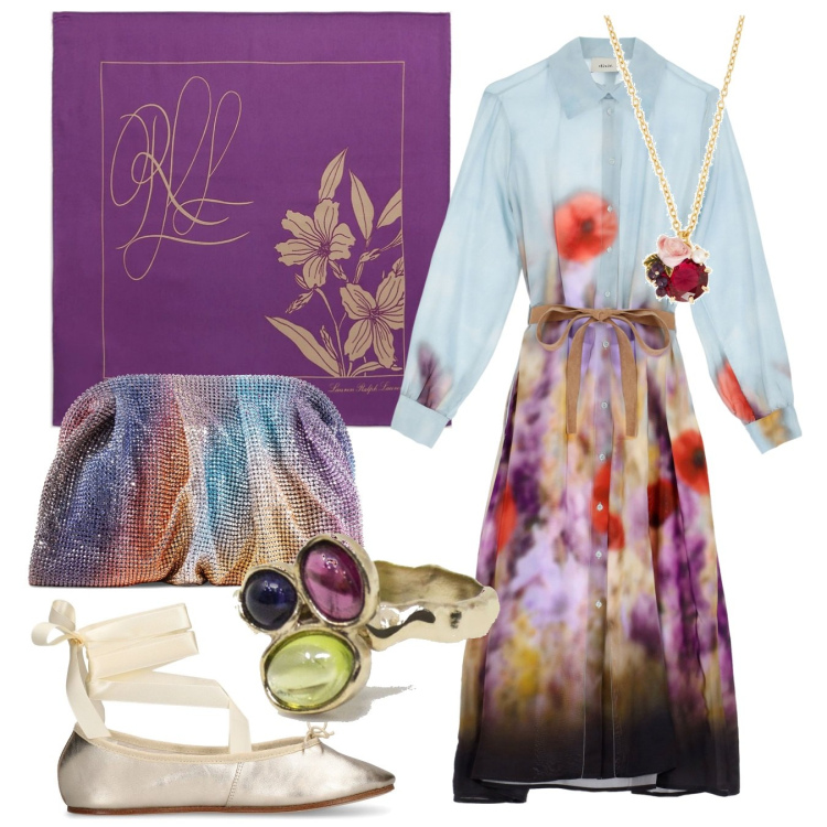 Outfit donna - Saggio primaverile. Stile Etnico per Serata fuori. Abbinamento con anelli, collane, vestiti midi/longuette, foulard, ballerine, pochette.