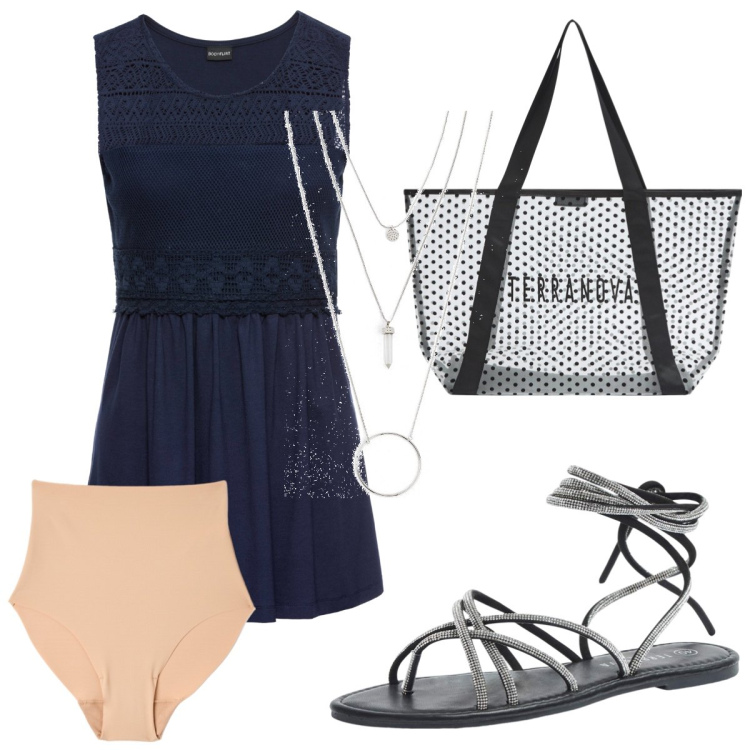 Outfit donna - Sandalo infradito. Stile Basic per Tutti i giorni. Abbinamento con ciondoli, top, sandali alla schiava, culotte, shopping bag.