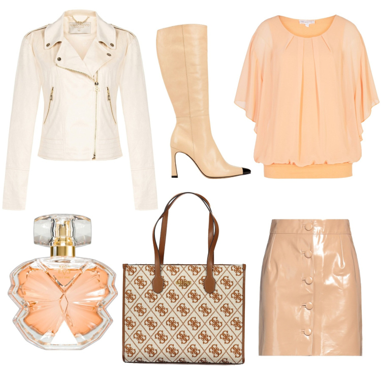 Outfit donna - La gonna di vernice. Stile Casual chic per Serata fuori. Abbinamento con bluse, minigonne, stivali, profumi, giacche, borse a spalla.