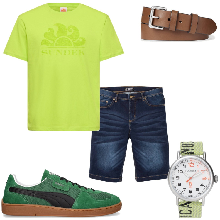 Outfit uomo - Bermuda e maglietta verde acido. Stile Casual per Tutti i giorni. Abbinamento con bermuda, orologi, cinture, sneakers, t-shirt.