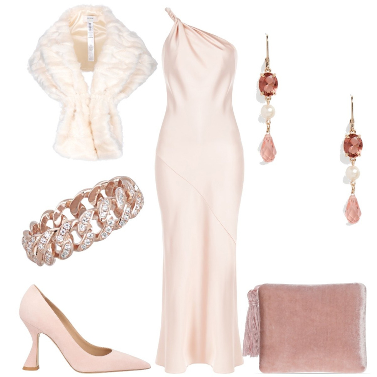 Outfit donna - Cerimonia. Stile Glamour per Cerimonia. Abbinamento con décolleté, anelli, vestiti lunghi, stole, orecchini, pochette.