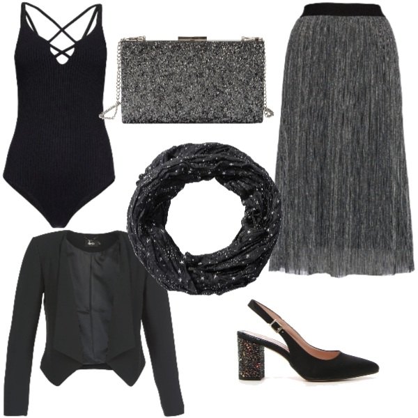 Outfit donna - Serata autunnale. Stile Chic per Serata fuori. Abbinamento con sciarpina, pochette glitter con punta quadrata argento, giacca nero, gonna midi effetto metallizzato argento, décolleté, canottiera con spalline sottili e gancetti nero.