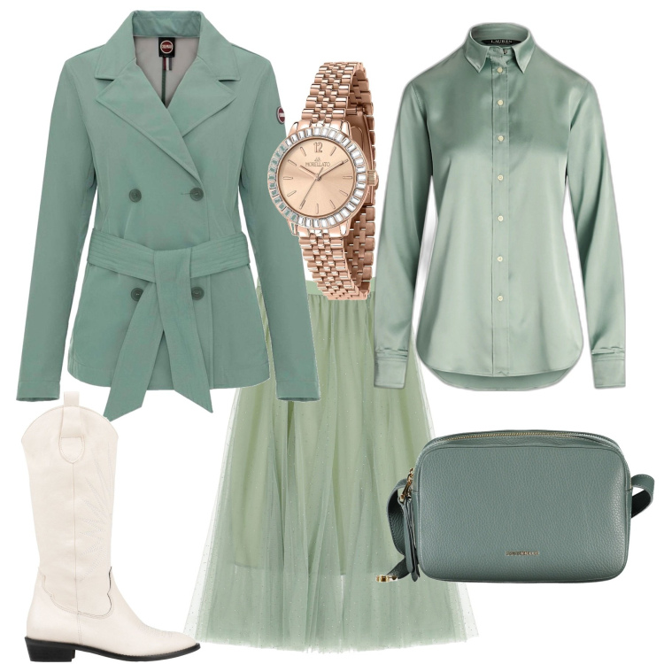 Outfit donna - Casual chic in verde. Stile Casual chic per Cerimonia. Abbinamento con stivali, orologi, gonne lunghe, camicie, borse a tracolla, trench.