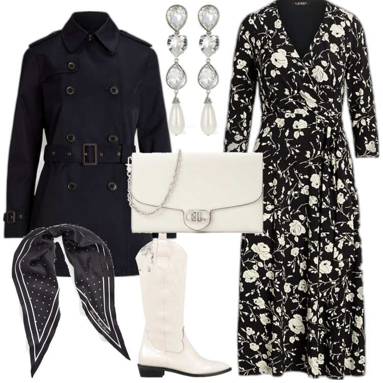 Outfit donna - Trendy in ufficio serata fuori. Stile Trendy per Ufficio. Abbinamento con stivali, trench, vestiti, borse a tracolla, foulard, orecchini.