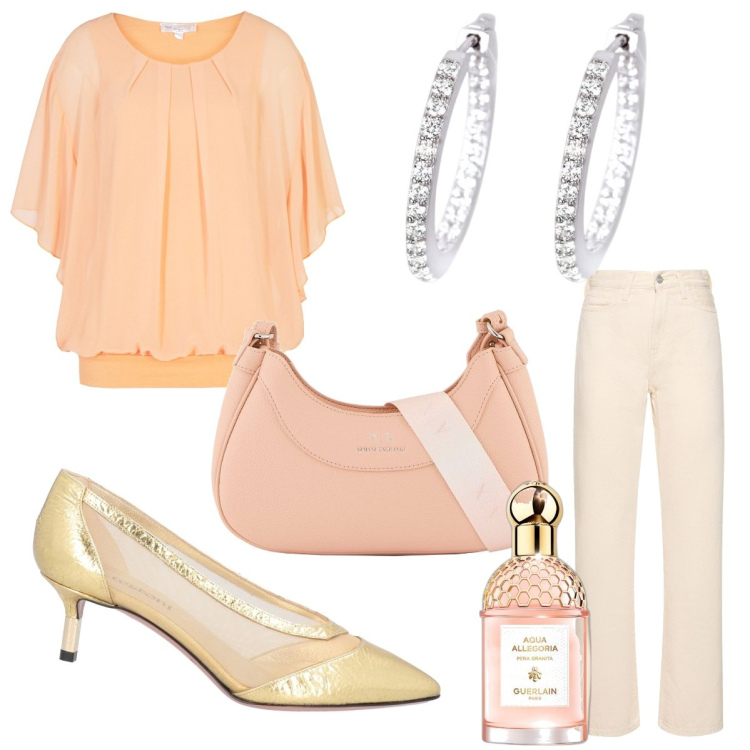 Outfit donna - Peach Fuzz in primavera. Stile Bon Ton per Cerimonia. Abbinamento con bluse, décolleté, profumi, orecchini, jeans dritti, borse a spalla.