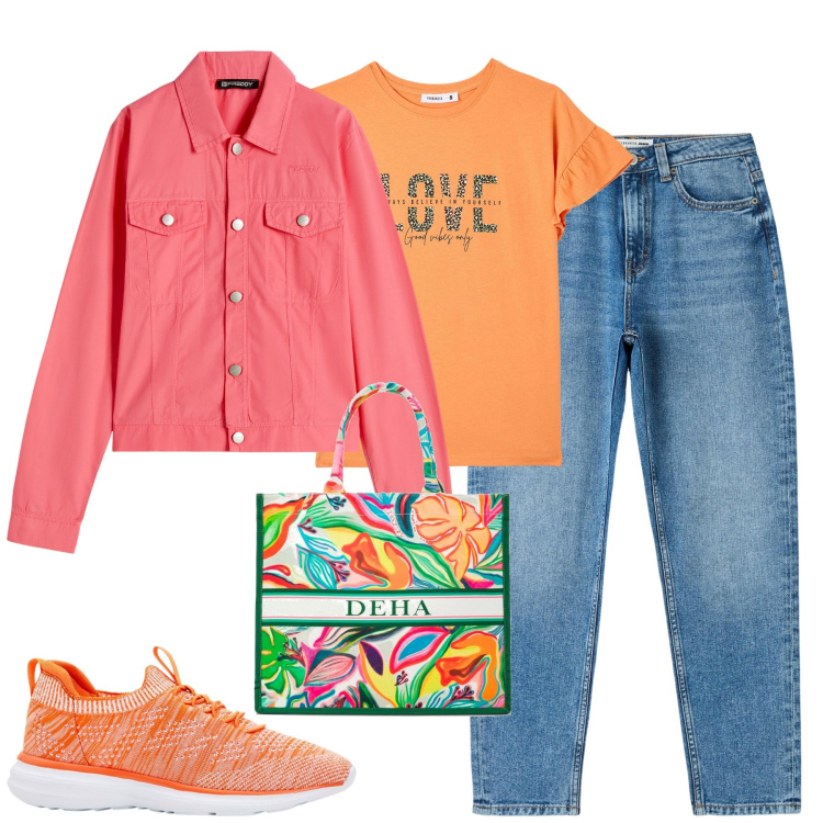 Outfit donna - Power color. Stile Casual per Tutti i giorni. Abbinamento con sneakers, jeans mom, t-shirt, blazer, shopping bag.