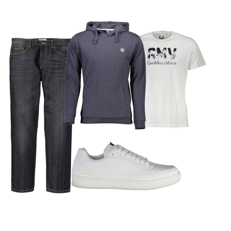 Outfit uomo - Total look #1843640. Stile Casual per Tutti i giorni. Abbinamento con jeans dritti, felpe con cappuccio, t-shirt, scarpe sportive.
