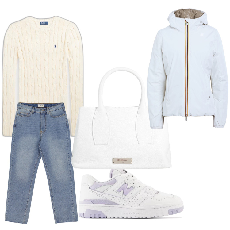 Outfit donna - Aperitivo. Stile Trendy per Tutti i giorni. Abbinamento con piumini, borse a mano, jeans slim fit, maglieria, sneakers.