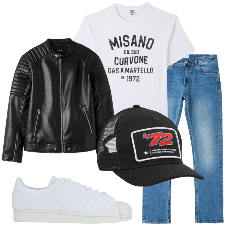 Outfit uomo - Alla gara di moto. Stile Casual per Sport. Abbinamento con sneakers, cappelli, giacche, jeans dritti, t-shirt.