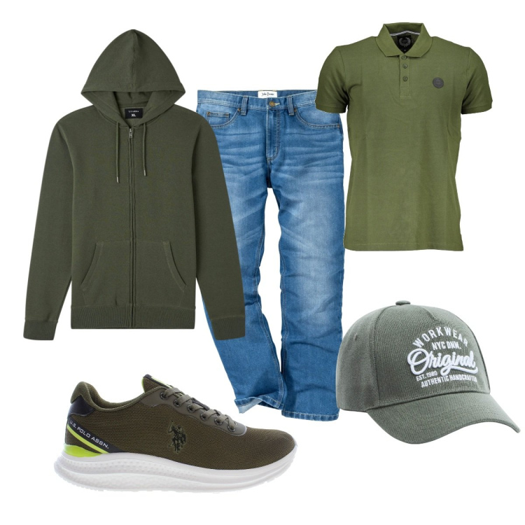 Outfit uomo - Total look #1843735. Stile Casual per Tutti i giorni. Abbinamento con jeans dritti, felpe con cappuccio, cappelli, polo, scarpe sportive.