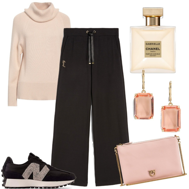 Outfit donna - Lusso e relax. Stile Sporty chic per Tutti i giorni. Abbinamento con maglieria, profumi, borse a tracolla, pantaloni, orecchini, sneakers.