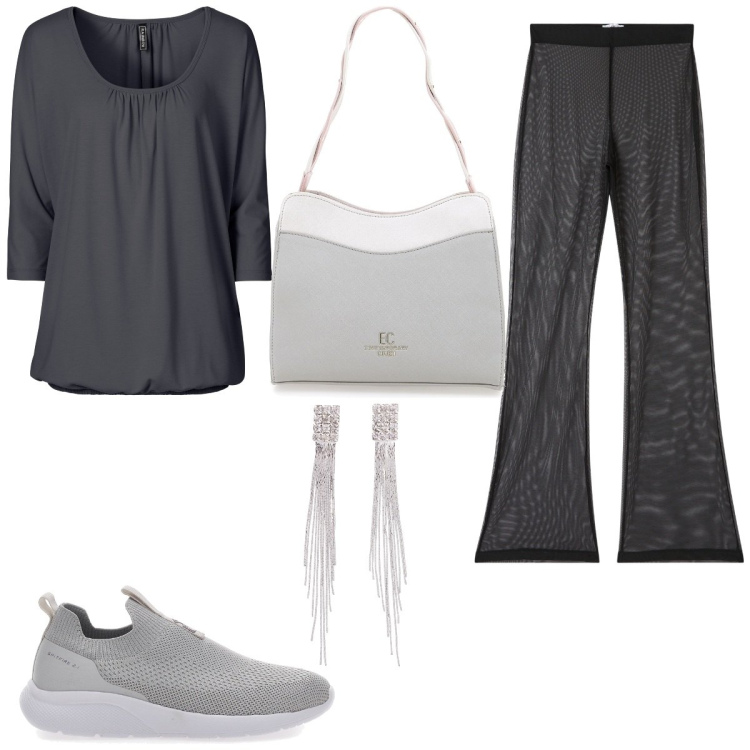 Outfit donna - Comoda ma con classe. Stile Casual chic per Ufficio. Abbinamento con pantaloni, orecchini, maglieria, sneakers, borse a spalla.