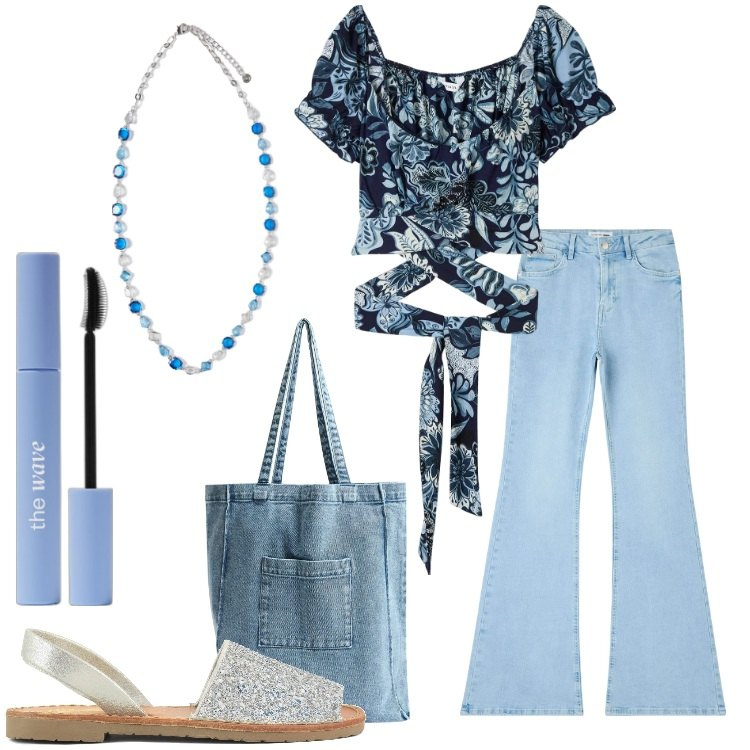 Outfit donna - Denim per la primavera. Stile Etnico per Tutti i giorni. Abbinamento con mascara, bluse, jeans a zampa, shopping bag, sandali, collane.