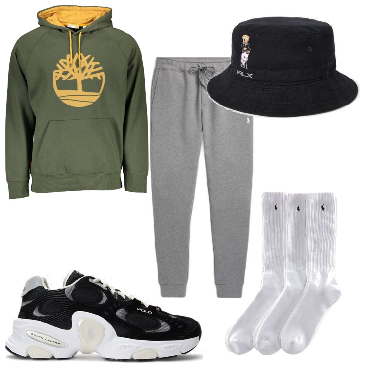Outfit uomo - Total look #1843760. Stile Trendy per Tutti i giorni. Abbinamento con calzini, pantaloni, sneakers, cappelli, felpe con cappuccio.