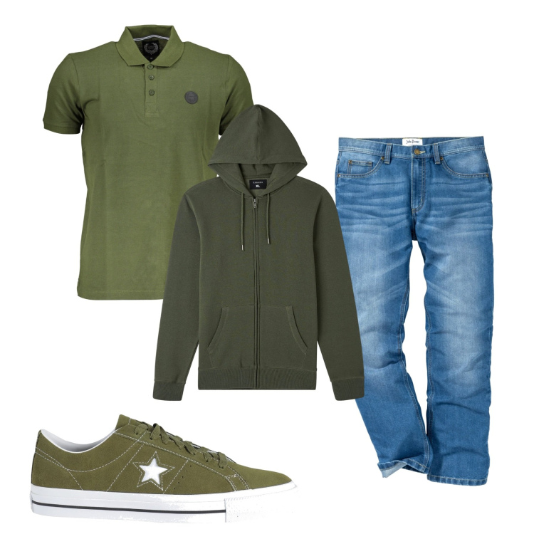 Outfit uomo - In giro. Stile Casual per Tutti i giorni. Abbinamento con jeans dritti, sneakers, felpe con cappuccio, polo.