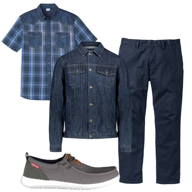 Outfit uomo - Total look. Stile Casual per Tutti i giorni. Abbinamento con pantaloni chino, camicie a manica corta, giacche, scarpe stringate.