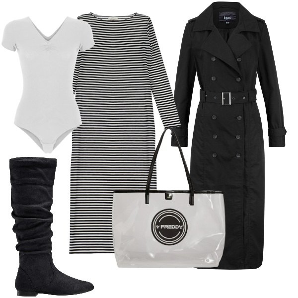 Outfit donna - Giornata di pioggia. Stile Trendy per Ufficio. Abbinamento con stivali, trench, body, shopping bag, vestiti lunghi.