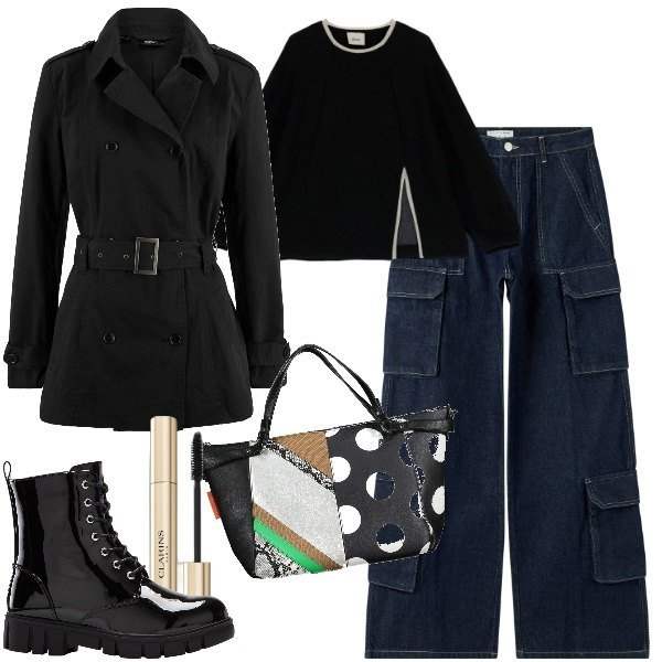 Outfit donna - Giornata di pioggia. Stile Urban per Scuola/Università. Abbinamento con trench, stivaletti, mascara, jeans, felpe, borse a spalla.