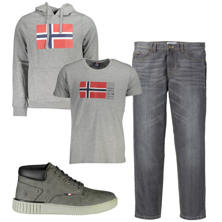 Outfit uomo - Total look. Stile Casual per Tutti i giorni. Abbinamento con jeans dritti, felpe con cappuccio, stivali, t-shirt.