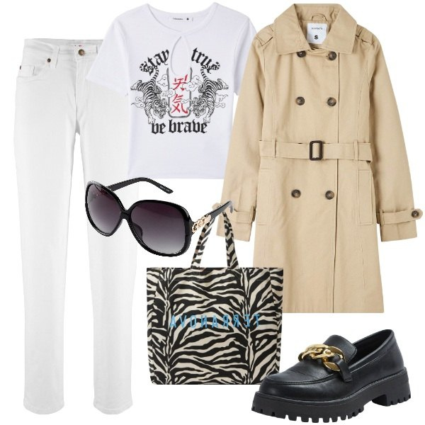 Outfit donna - street style. Stile Urban per Tutti i giorni. Abbinamento con occhiali da sole, jeans mom, trench, borse tote, mocassini, t-shirt.