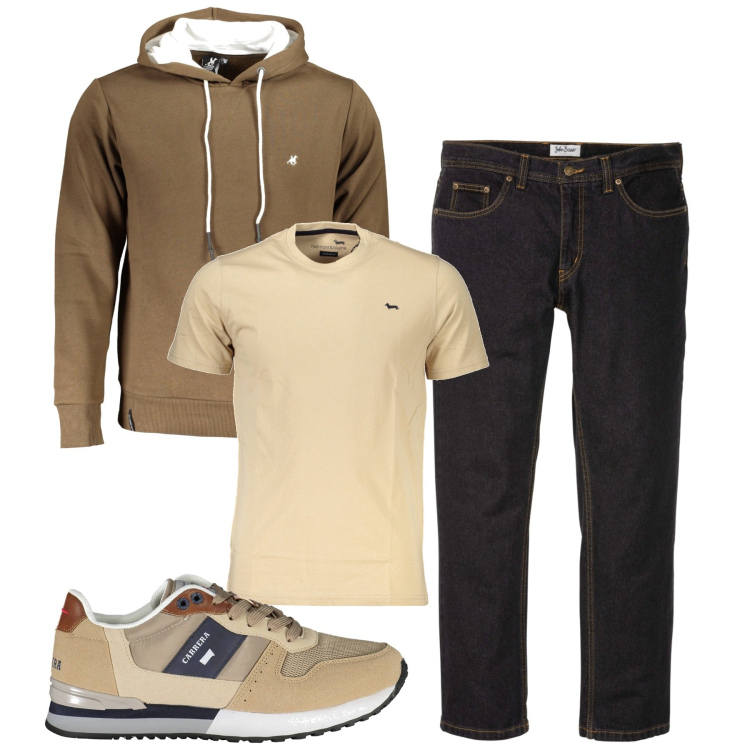 Outfit uomo - Total look. Stile Casual per Tutti i giorni. Abbinamento con jeans dritti, felpe con cappuccio, t-shirt, scarpe sportive.