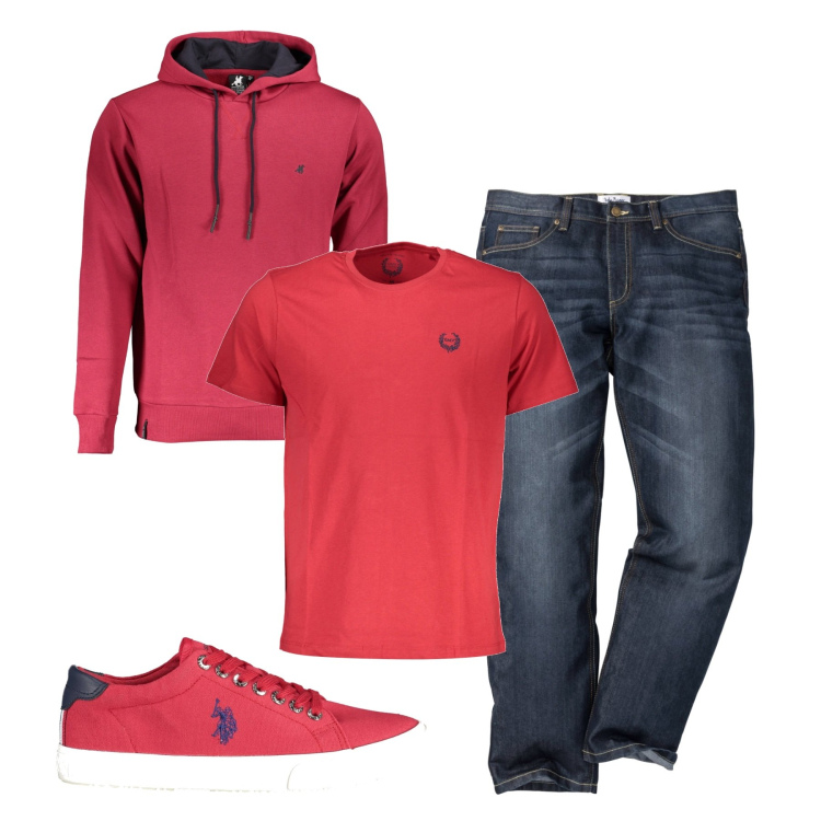 Outfit uomo - Total look. Stile Urban per Tutti i giorni. Abbinamento con jeans dritti, t-shirt, felpe con cappuccio, scarpe sportive.